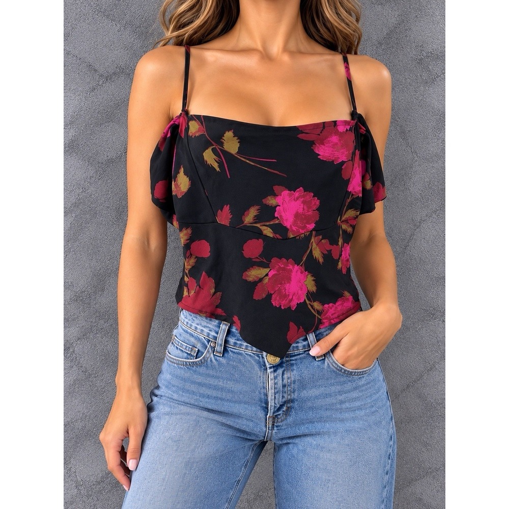 Free People Floral Tank Top Womens XS Black Pink Asymmetrical Hem Romantic